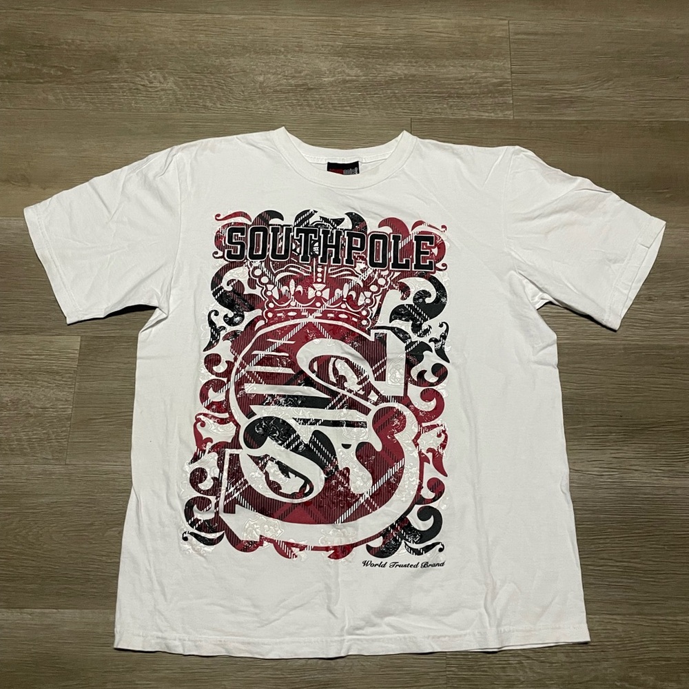 South Pole Men’s White Graphic Tee with Red & Black Crest